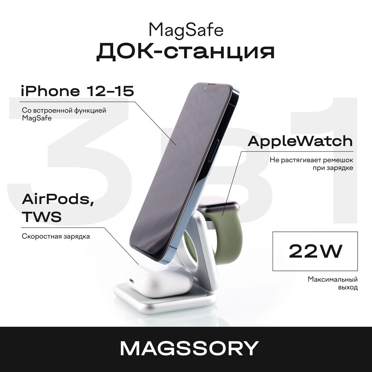 Беспроводное зарядное устройство Magssory 3V1, Quick Charge - купить по  выгодной цене в интернет-магазине OZON (1344451883)