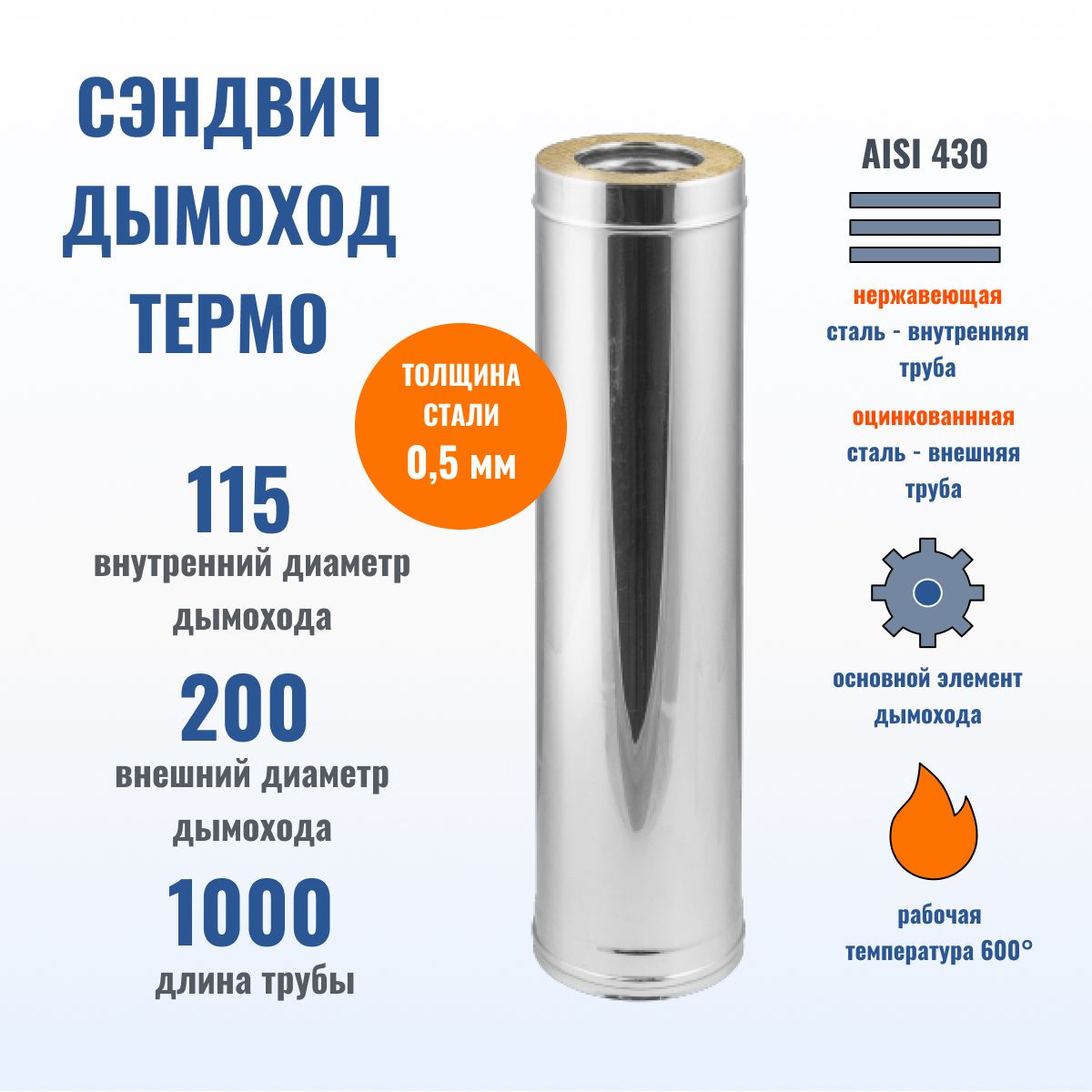 Сэндвич - труба для дымохода D115/200 L1000 Термо, 430 - 0.5 (нерж+Оц.)