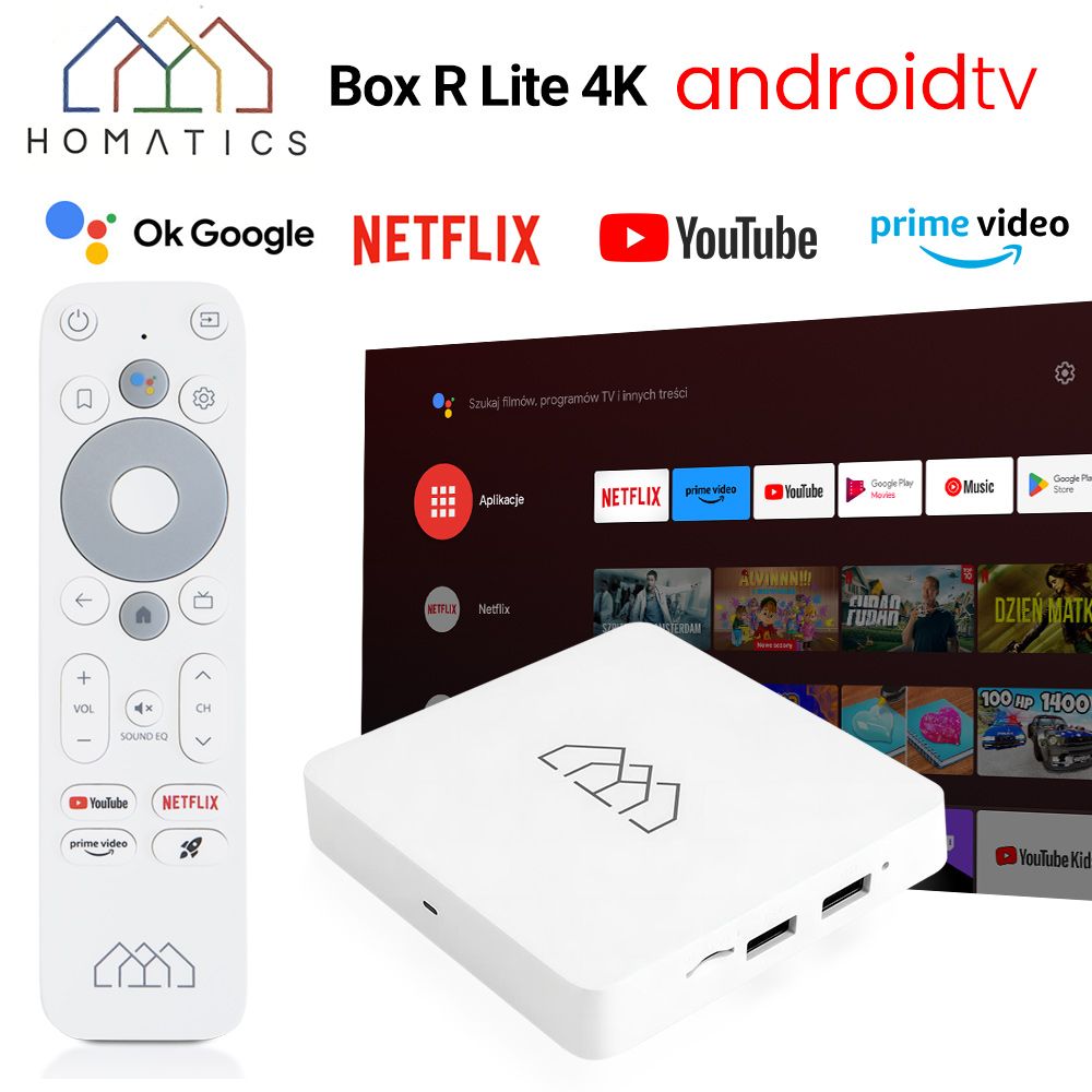 СмартТВПриставкаHOMATICSBoxRLite4K2ГБ/32ГБAmlogicS905Y4Androidtv12ПоддержкаDolbyAtmos4KAV1H.2652.4&5G2T2RWifiBT5.0СертифицированоGoogleиNetflixМедиаплеерAndroidtvBox