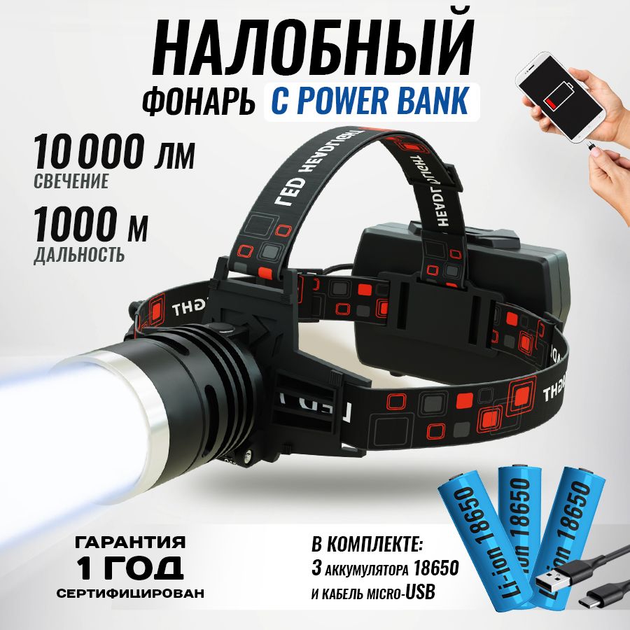 Фонарьналобный,светодиодный,аккумуляторный,бытовой,LEDсзарядкой,сpowerbank