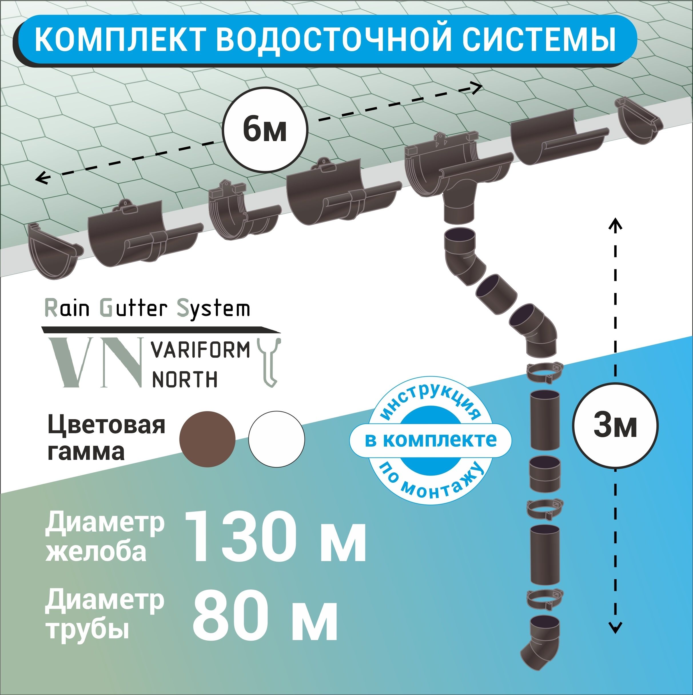 Комплект водосточной системы ПВХ G130/80 для 1 ската, L6м, H3м, коричневый