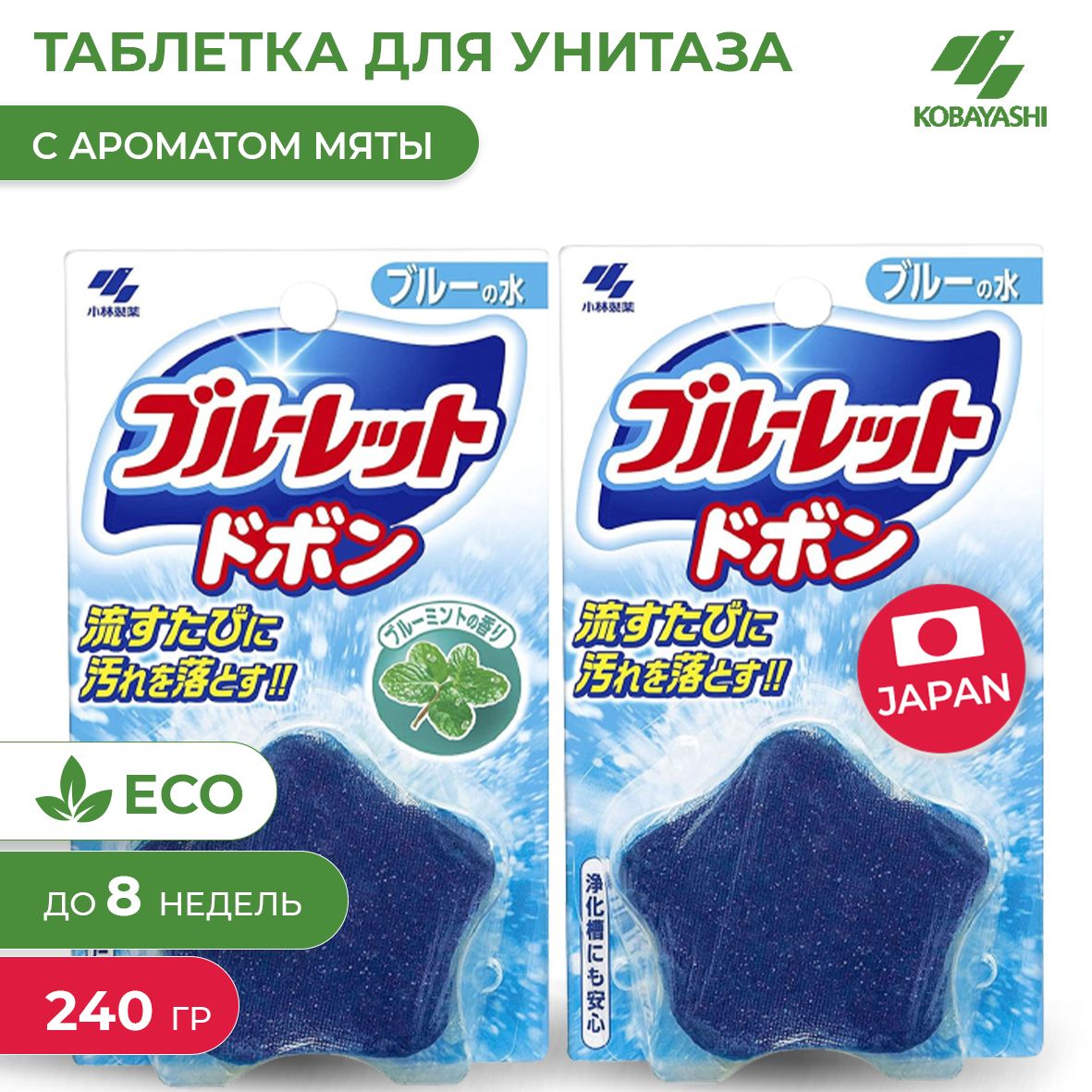 Комплект таблеток для бачка унитаза Double Blue Mint очищающие и дезодорирующие, с эффектом окрашивания воды и ароматом мяты, 2 х 120г.