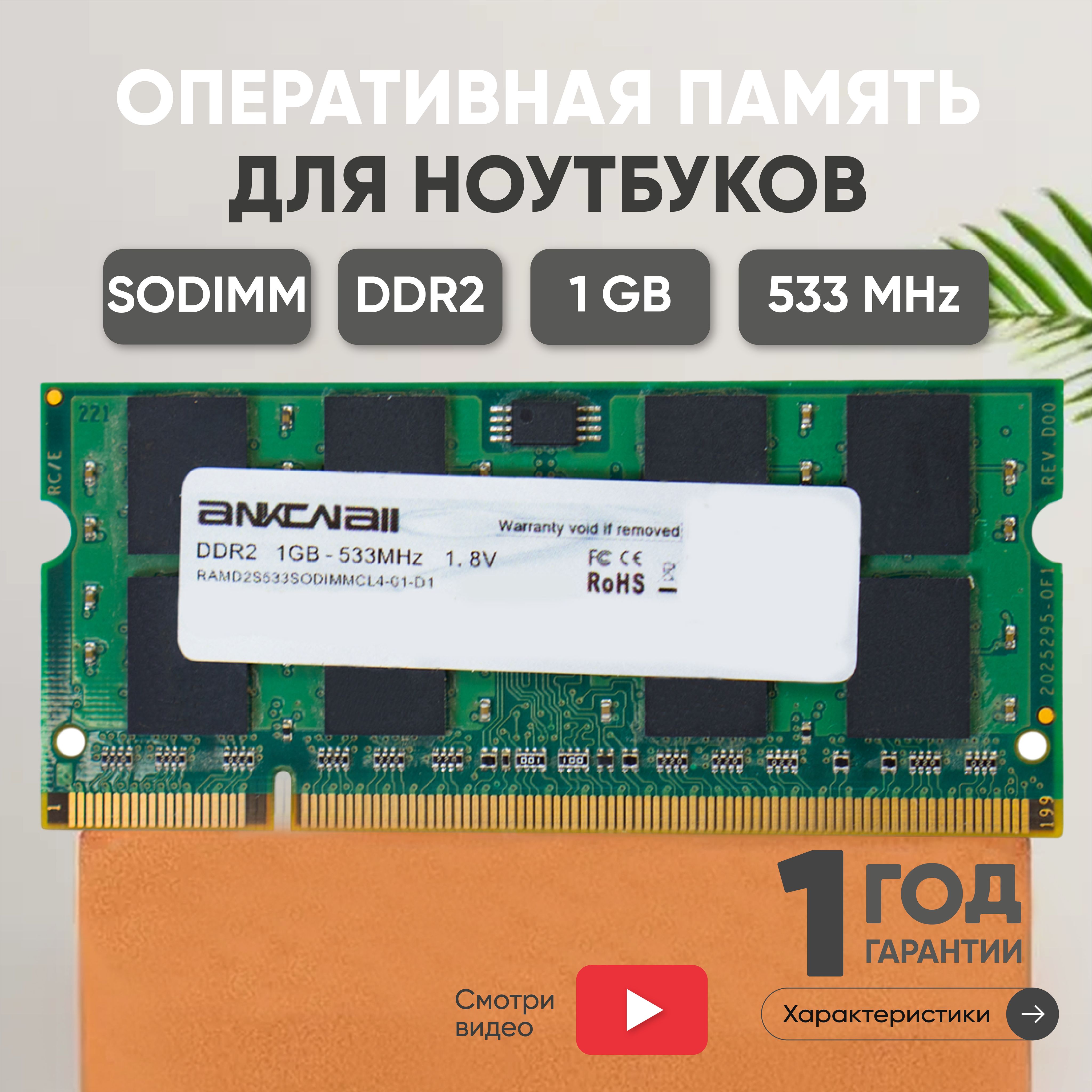 AnkowallОперативнаяпамять(ОЗУ,оперативка)дляноутбука,DDR2,1Gb,533MHz,1.8V,SODIMM,PC2-42001x1ГБ(RAMD2U533G128MB19-01-E1)