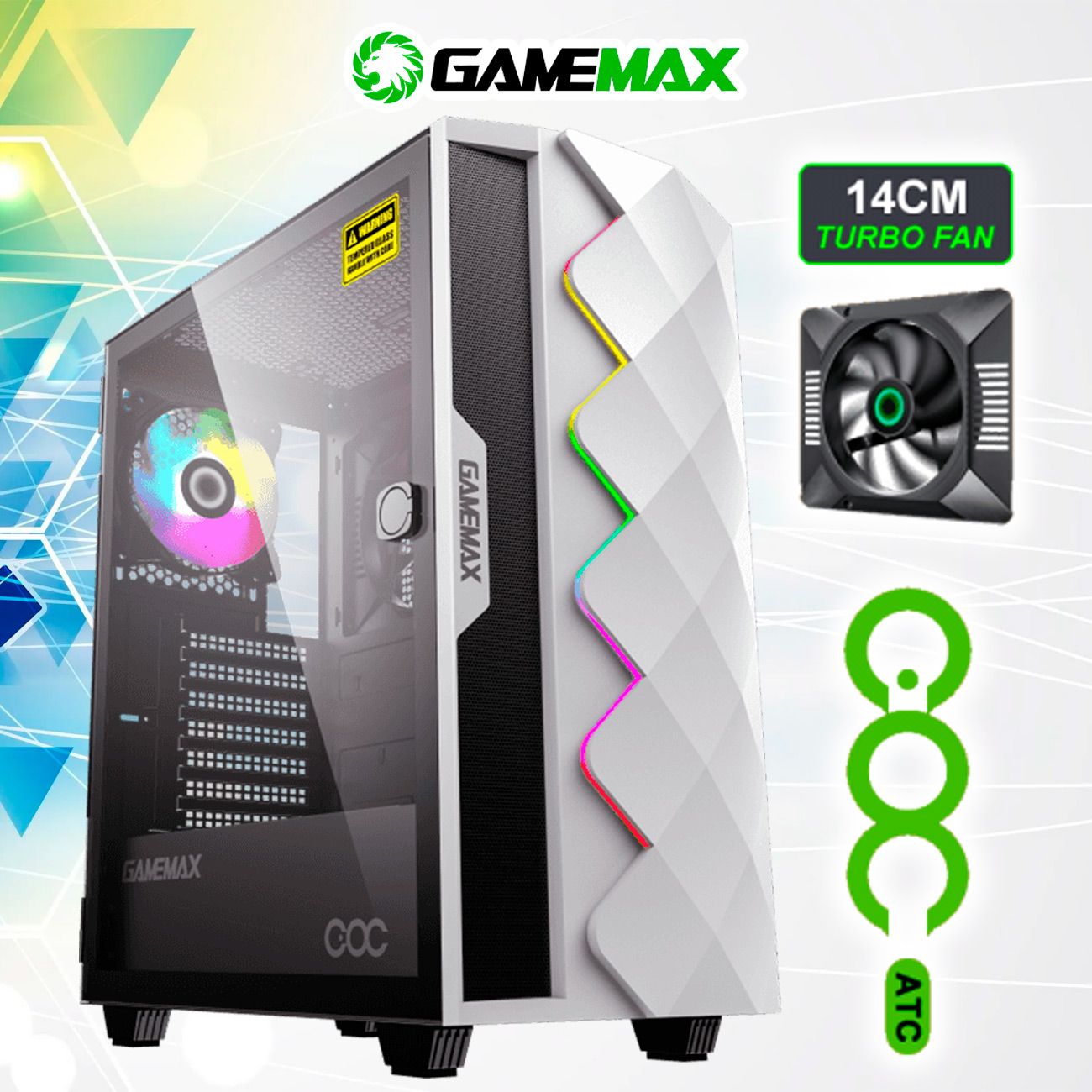 Корпус GameMax White Diamond COC без БП ATX (Белый Midi-Tower E-ATX, ATX, Micro-ATX, Mini-ITX CPU 170мм VGA 340мм USB3.0,Закаленое стекло,1*120+1*120мм MB turbo fan, без БП)