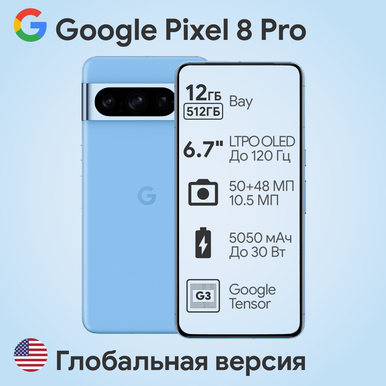 GoogleСмартфонPixel8ProГлобальнаяверсияUSA12/512ГБ,синий