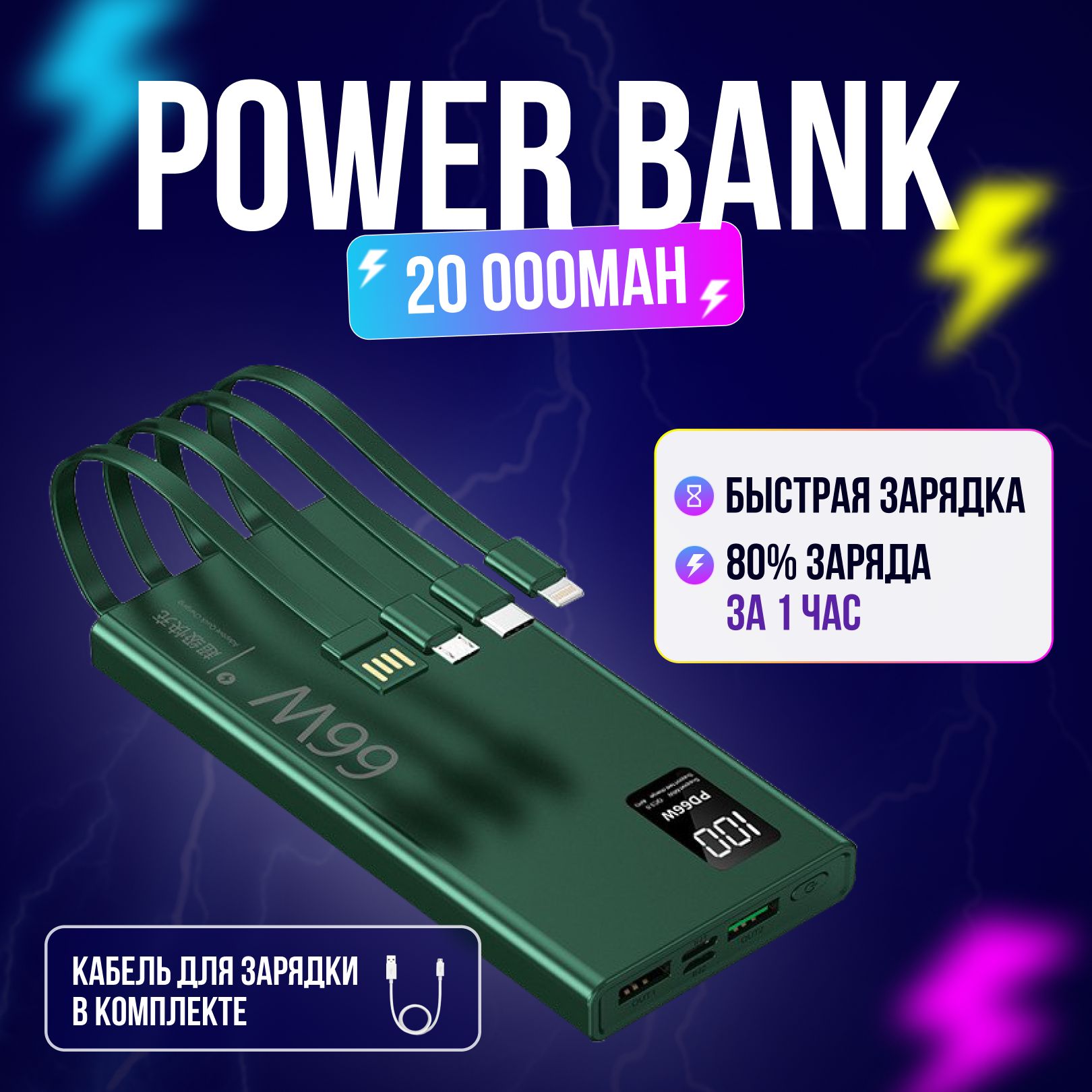 Power Bank 20000 mAh, Внешний аккумулятор с быстрой зарядкой 66W, Повербанк портативный