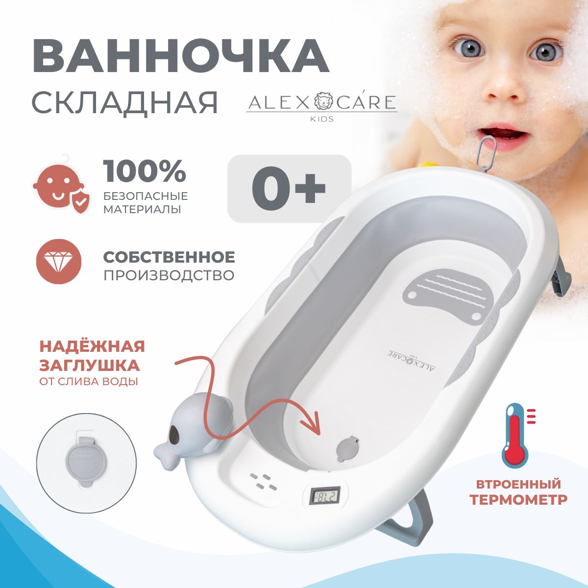 Ванночка для купания новорожденных, Со встроеным термометром для воды, Цвет - Серый купить на OZON по низкой цене (1573778898)