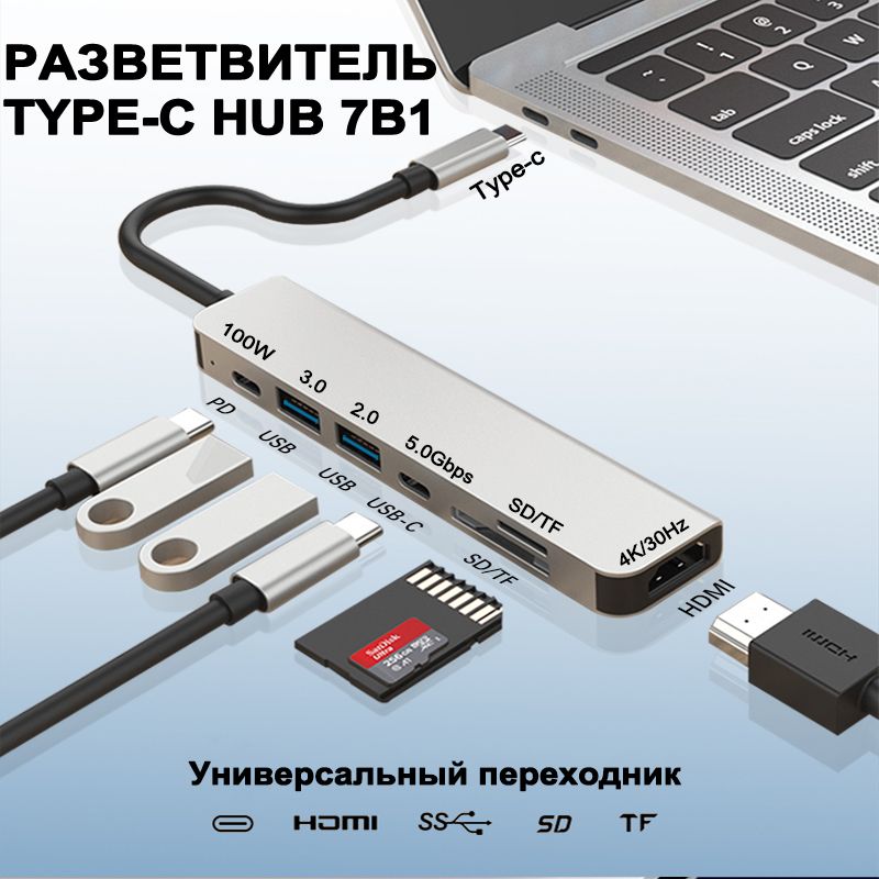 Универсальныйпереходник,USBHUB7в1.разветвительтуре-с,typechdmi,докстанцияtypec,usbхабдляmacbook,SDCard,TFCard