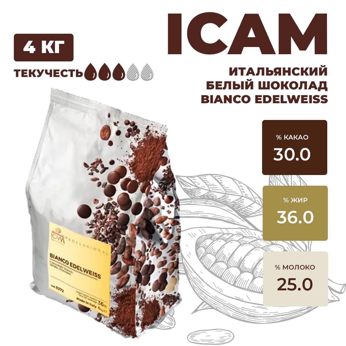 Итальянский белый шоколад 30% Edelweiss ICAM, 4 кг