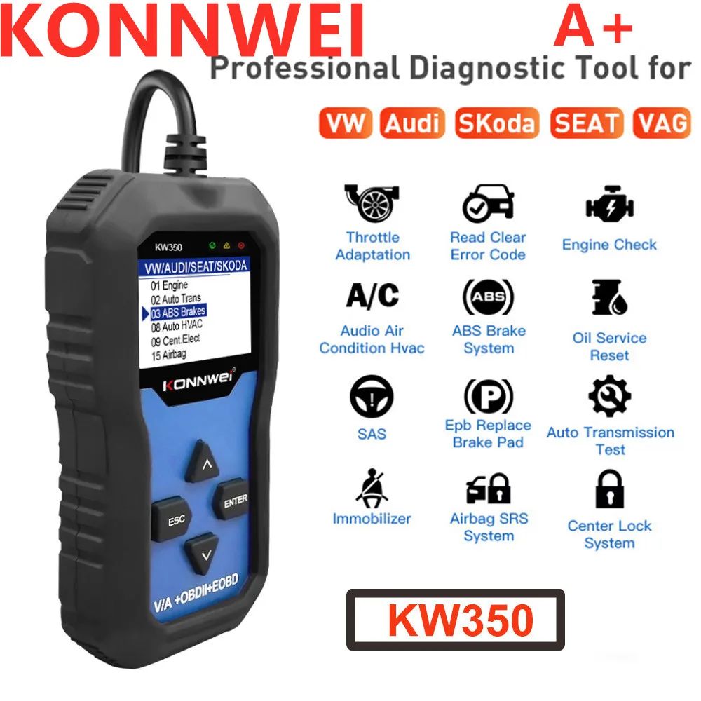 KONNWEI KW350 OBD2 сканер кодов для автомобилей VAG с ABS подушкой безопасности