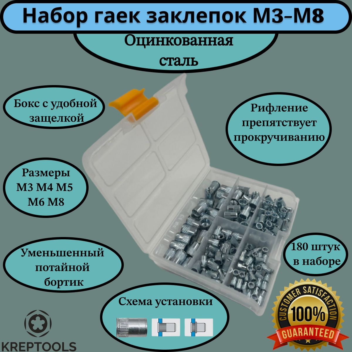 Набор заклепок резьбовых М3-М8 оцинкованная сталь уменьшенный потайной бортик в боксе 180 штук