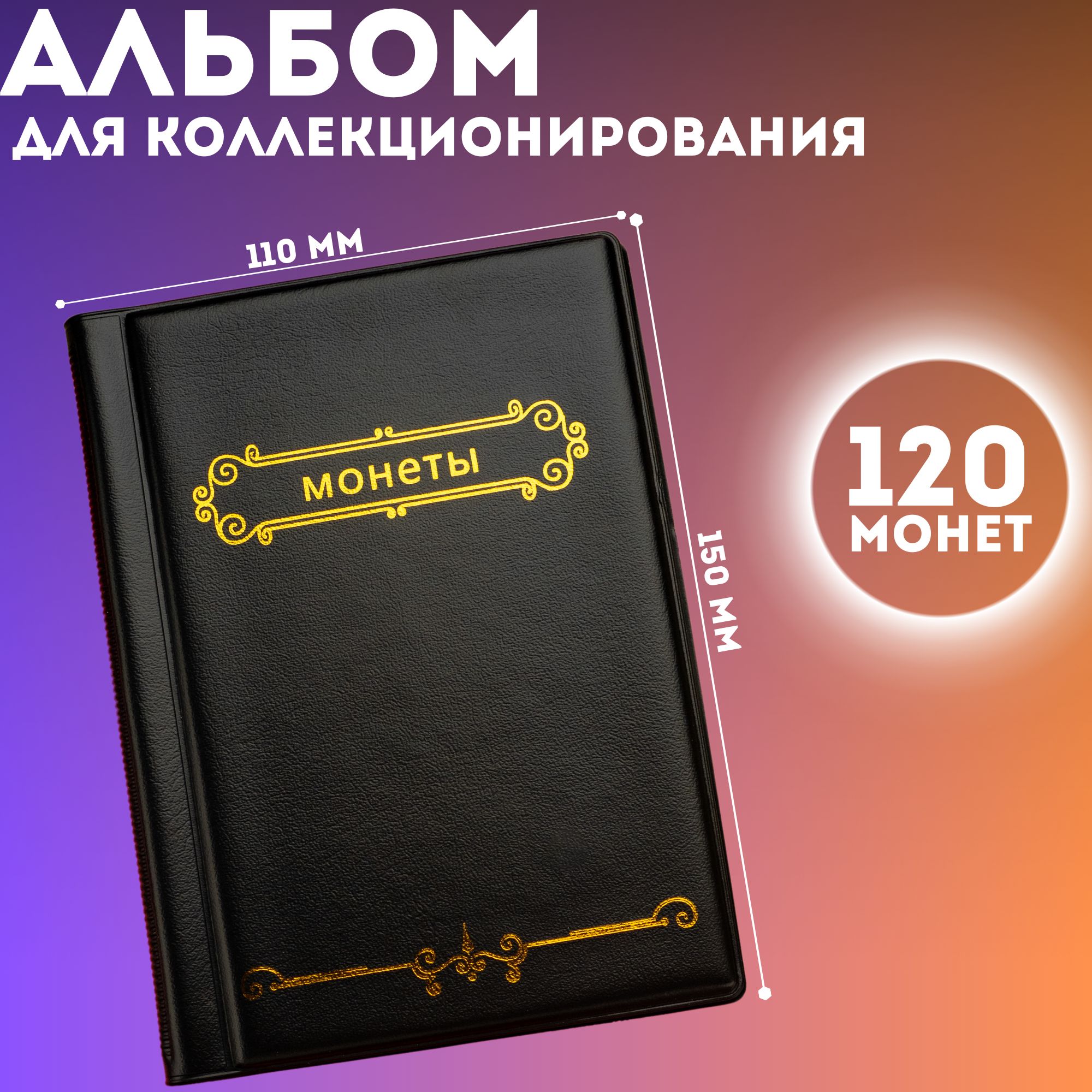 Альбом для монет 120 ячеек "Монеты" / Альбом для коллекционирования на 10 листов Черный