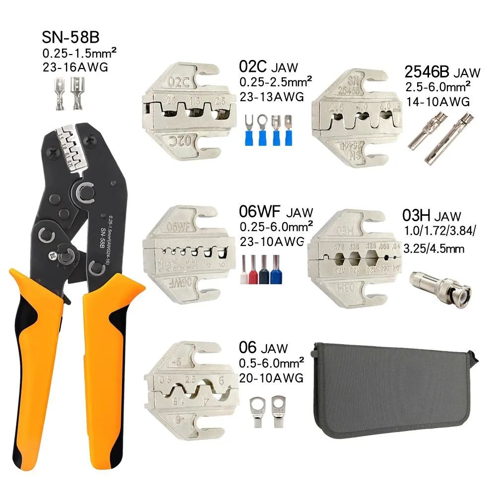 Наборинструментовдляобжимаклемм,SN-58B+5зажимов+сумка,оранжевый,Храповыеобжимныеплоскогубцысосменнымизажимами