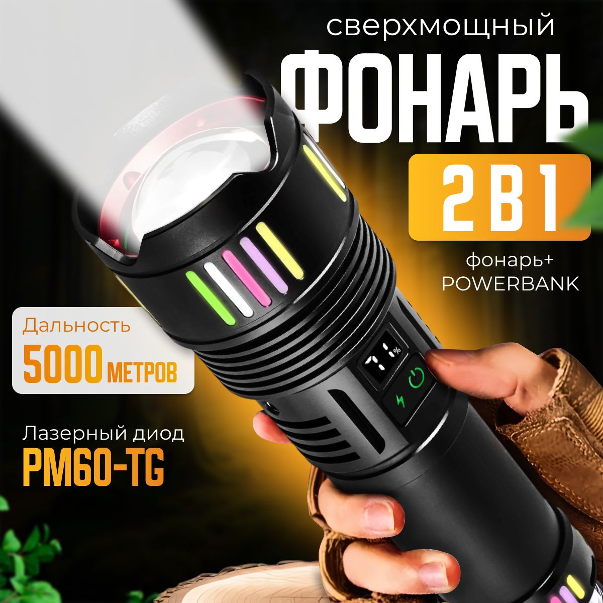 Фонарь аккумуляторный ручной мощный с диодом PM60-GT / Фонарик тактический