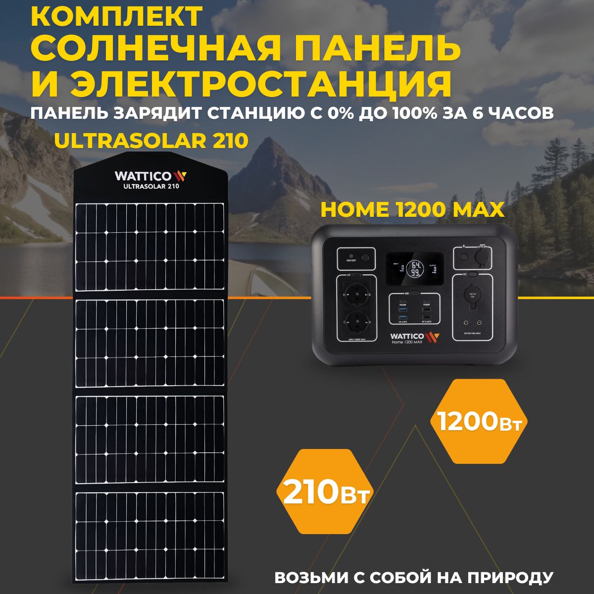 Солнечная электростанция комплект Внешний аккумулятор ИБП Wattico Home 1200 и солнечная батарея панель Wattico Ultrasolar 210Вт