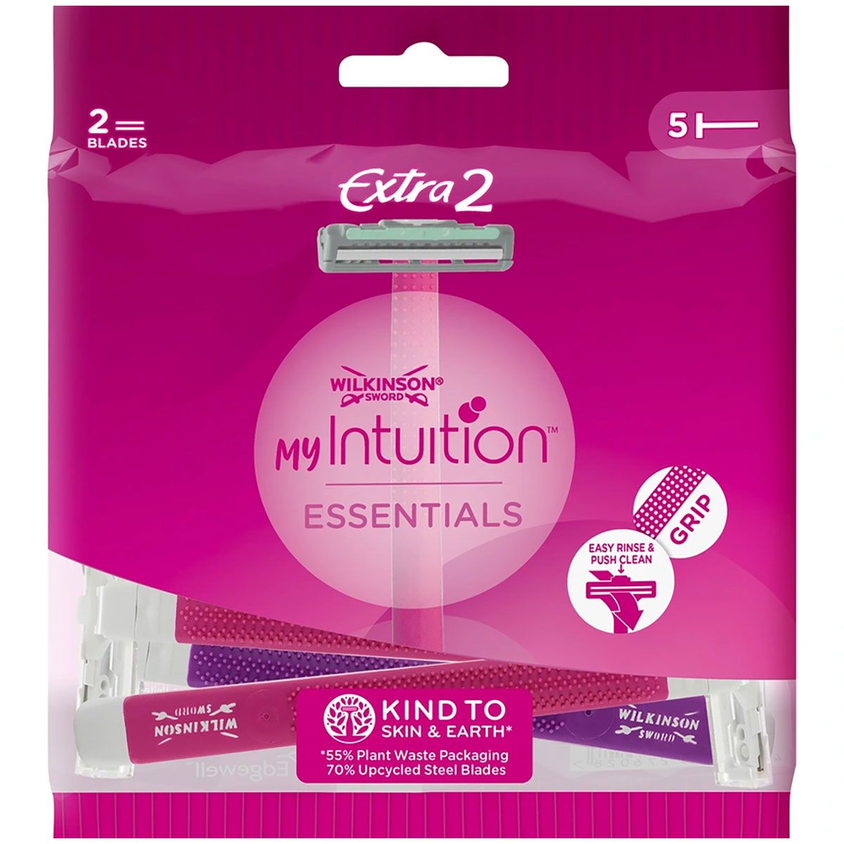 Wilkinson Sword Женские бритвы одноразовые EXTRA2 Essentials My Intuition (5 станков), 2 лезвия, увл.полоска, прорезиненная ручка, фикс.головка, система Push/Clean