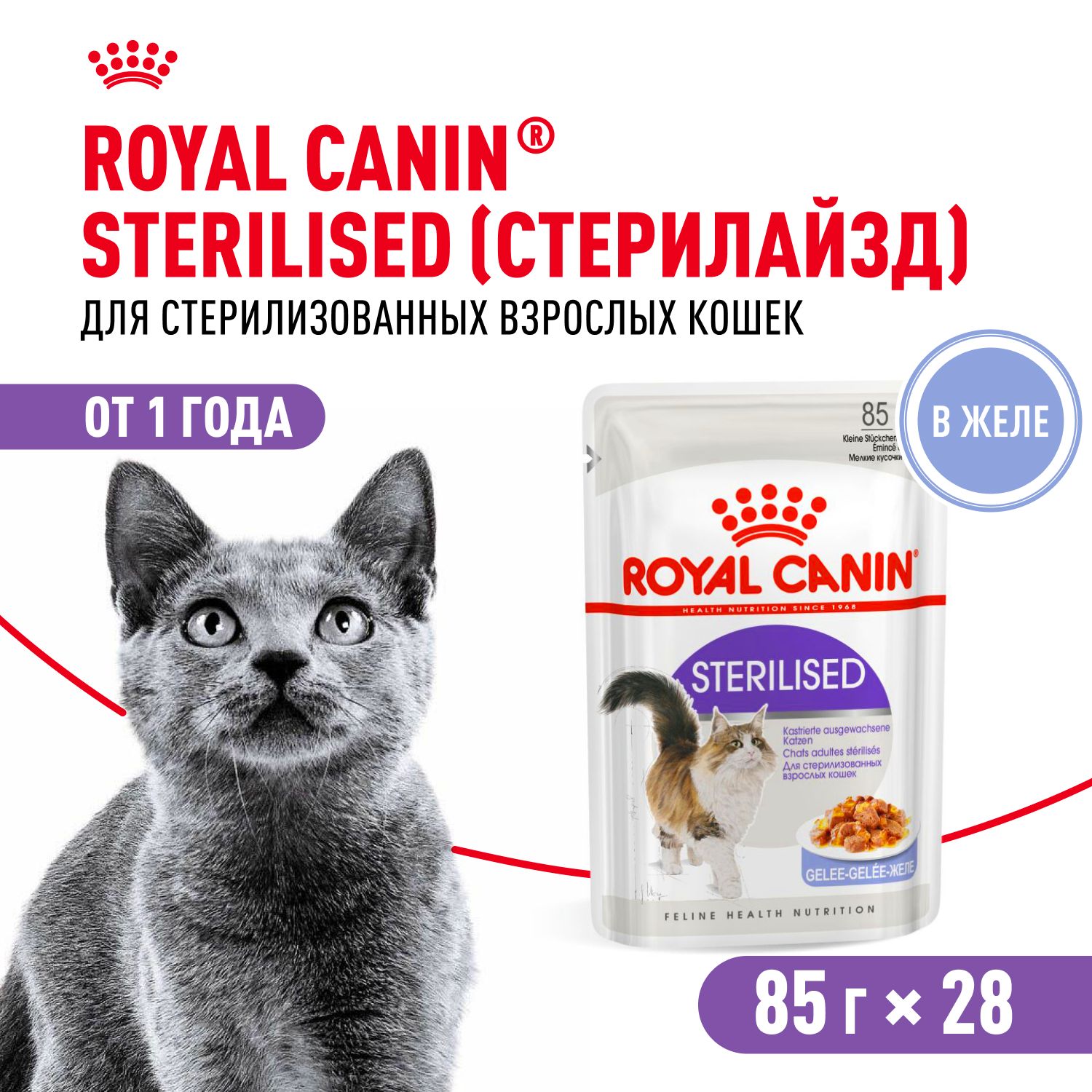 Royal Canin Sterilised Корм консервированный для стерилизованных взрослых кошек в желе, 0.085 г, 28 паучей