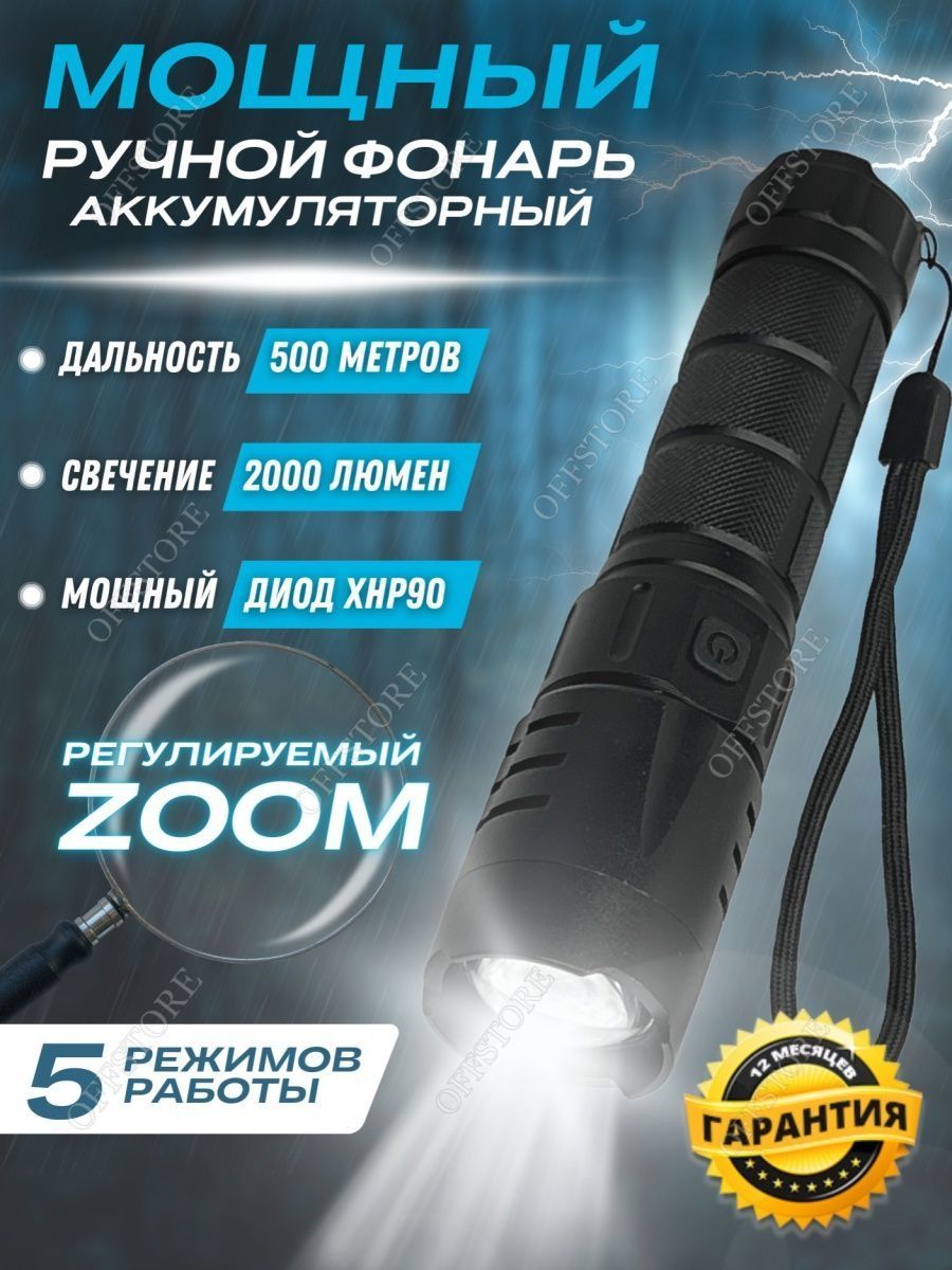 Карманный фонарь с ZOOM Аккумуляторный светильник