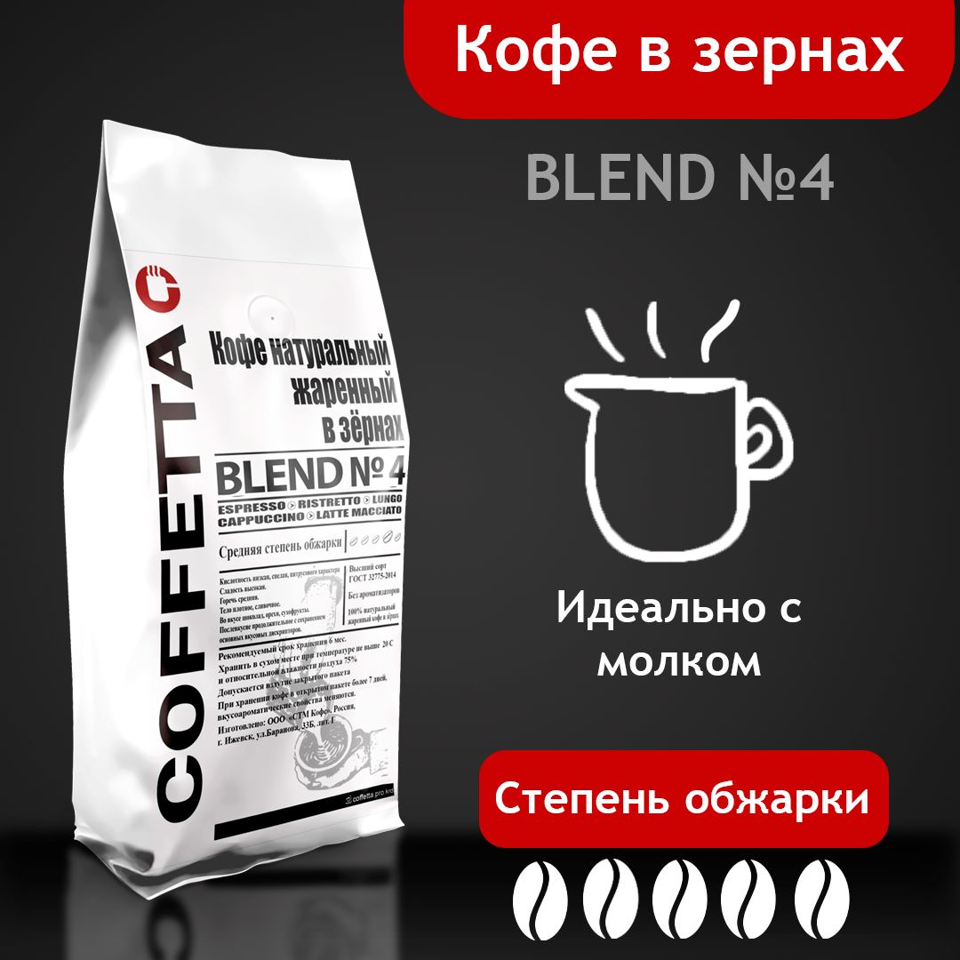 Кофевзернах,1кгсреднейобжаркиCoffettaBlend№4длякофемашин,турокилифренч-пресса