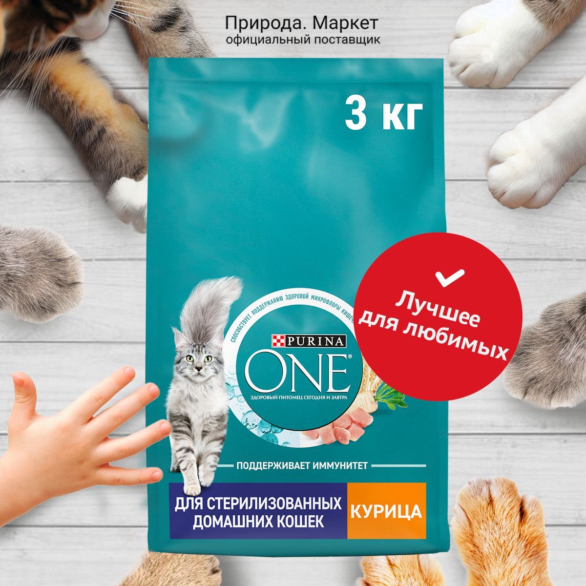 Сухой корм Purina ONE полнорационный для стерилизованных домашних кошек, с курицей, 3 кг