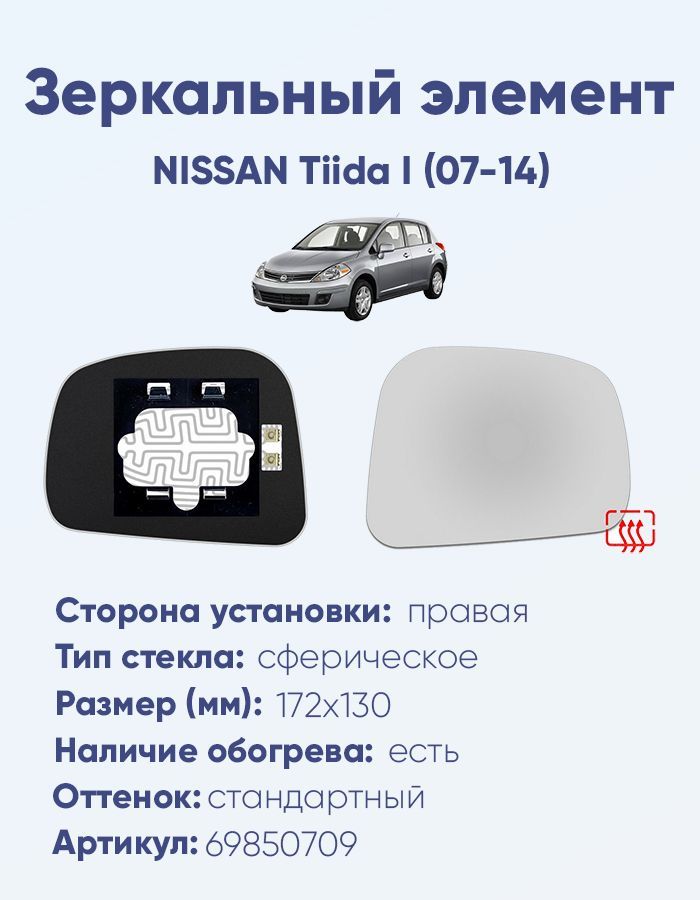 Зеркальный элемент правый NISSAN Tiida I (07-14) сфера нейтральный с обогревом