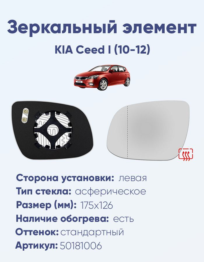 Зеркальный элемент левый KIA Ceed I (10-12) асферика нейтральный с обогревом