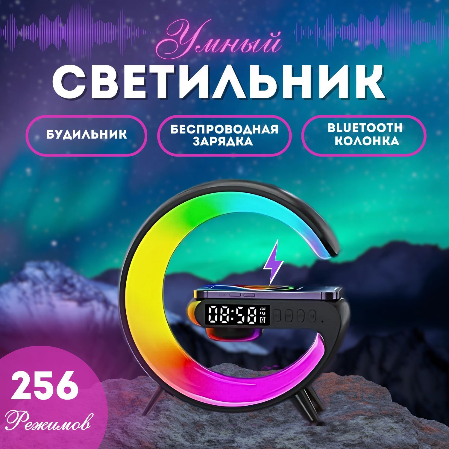 Беспроводная умная колонка 5 в 1 . Беспроводная зарядка, RGB светильник, колонка, умный ночник, будильник, настольные часы.