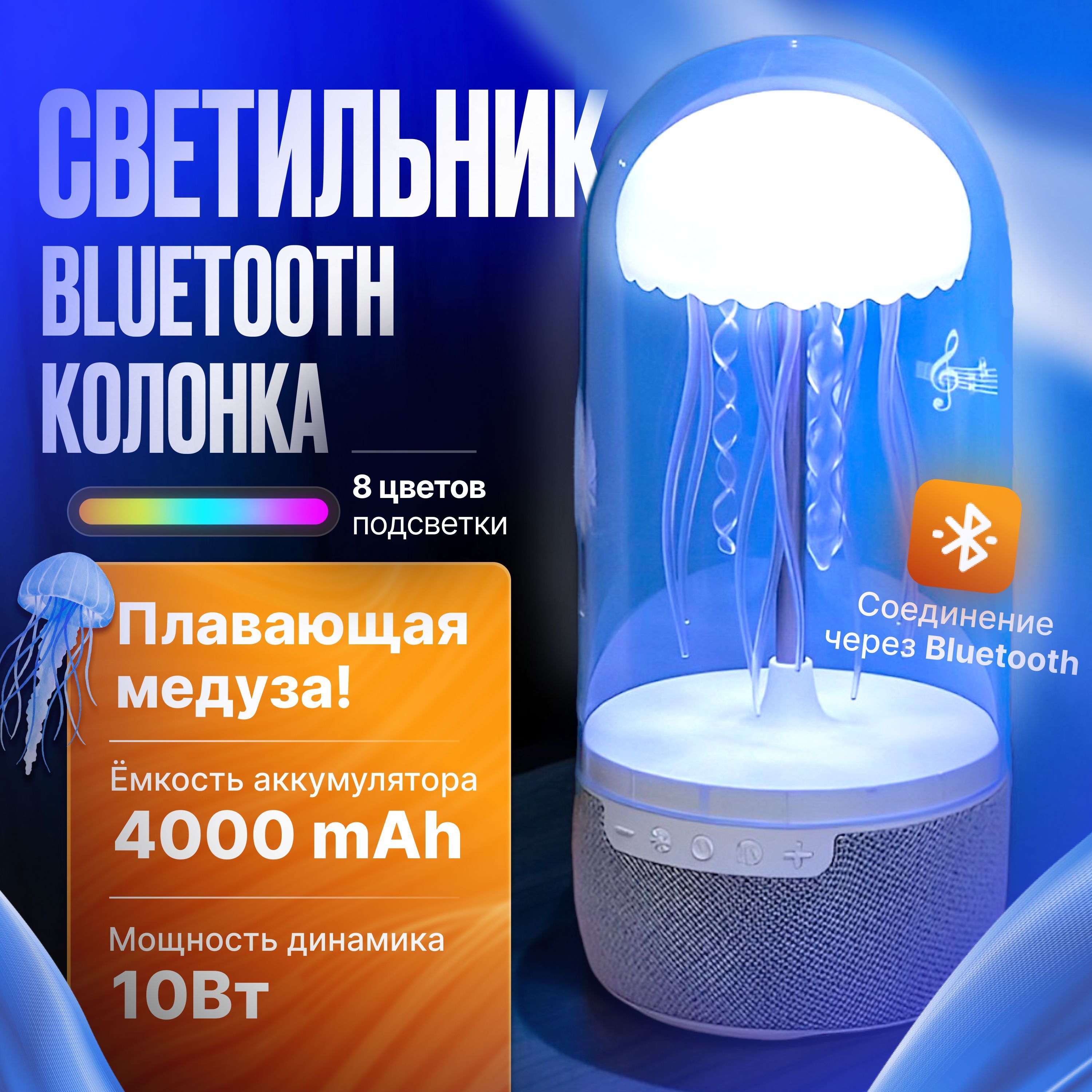 Умный светодиодный RGB светильник, лампа, ночник, Bluetooth колонкой, со встроенным аккумулятором, Медуза