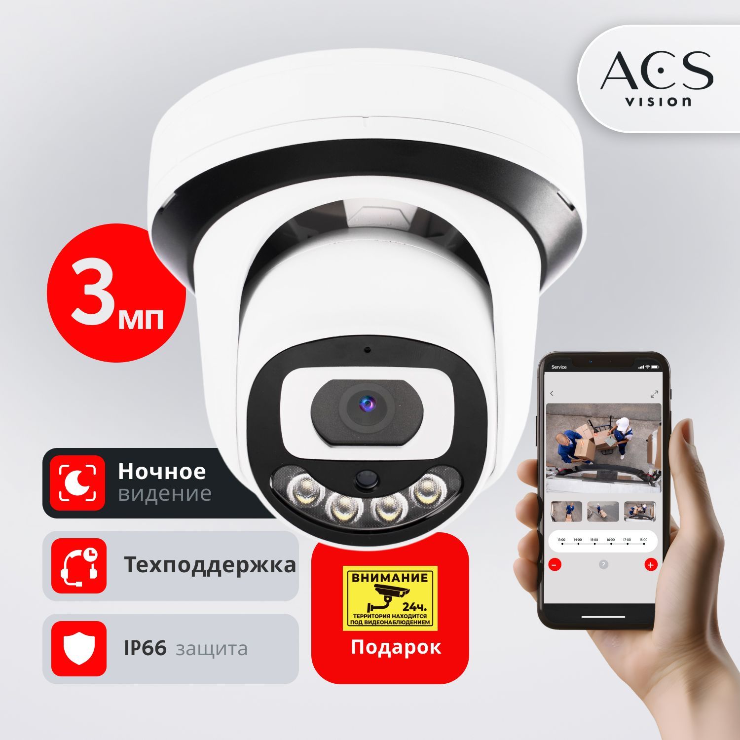 КупольнаяipкамеравидеонаблюденияWiFi3Мп(ICSeeApp)ACSVisionсночнойсъемкой,микрофономидатчикомдвижения