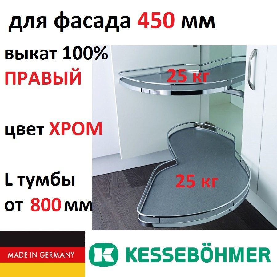 Волшебный уголок Леманс для фасада 450 мм, Правый, ХРОМ, 2 полки с доводчиком, Kessebohmer