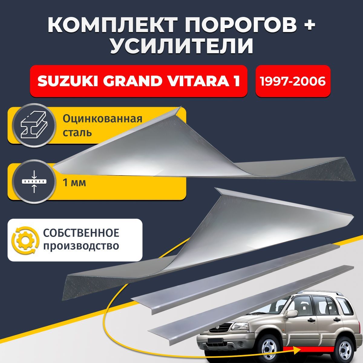 Ремонтныепорогикомплект(2шт.)иусилители(2шт.),дляSuzukiGrandVitara11997-2006внедорожник5дверей,оцинкованнаясталь1мм.(СузукиГрандВитара1),порогииусилители.Кузовнойремонт.