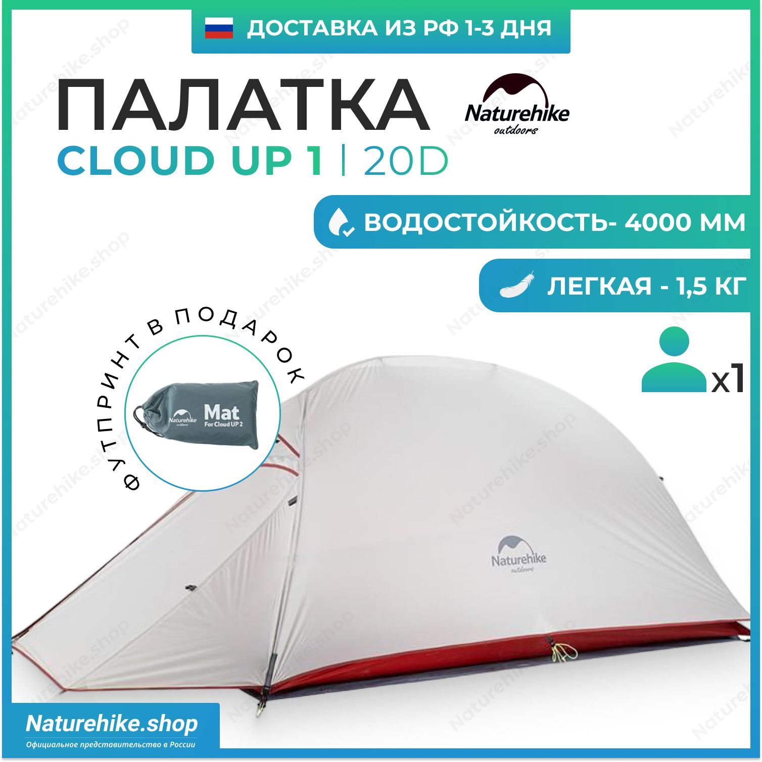 Палатка + Футпринт: Naturehike Cloud Up 1 - 20D / 1-местная, светло-серая / NH18T010-T