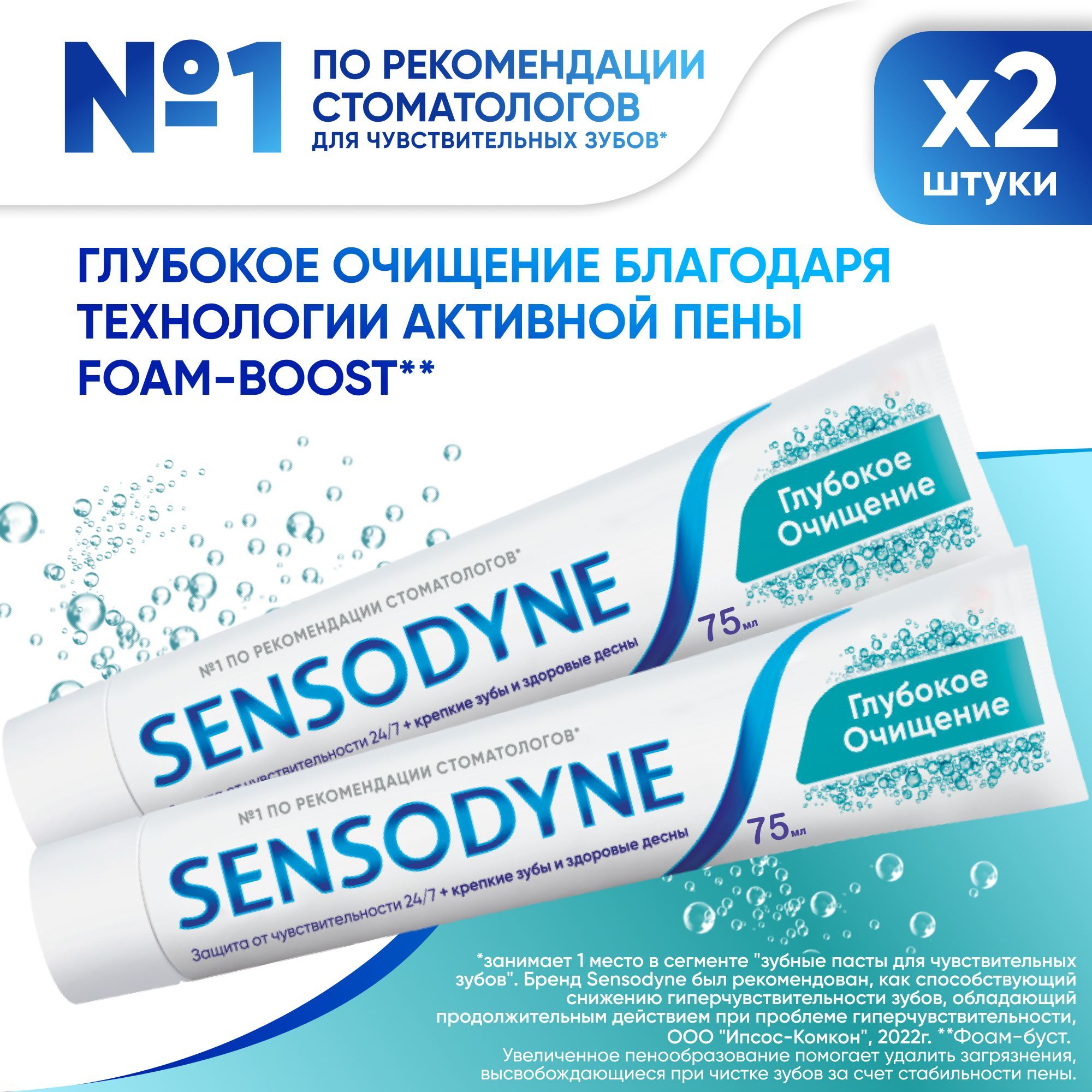 Зубная паста Sensodyne Глубокое Очищение для чувствительных зубов с фтором, для снижения чувствительности зубов, защиты от кариеса и эффективного удаление зубного налета, 75 мл, 2 шт