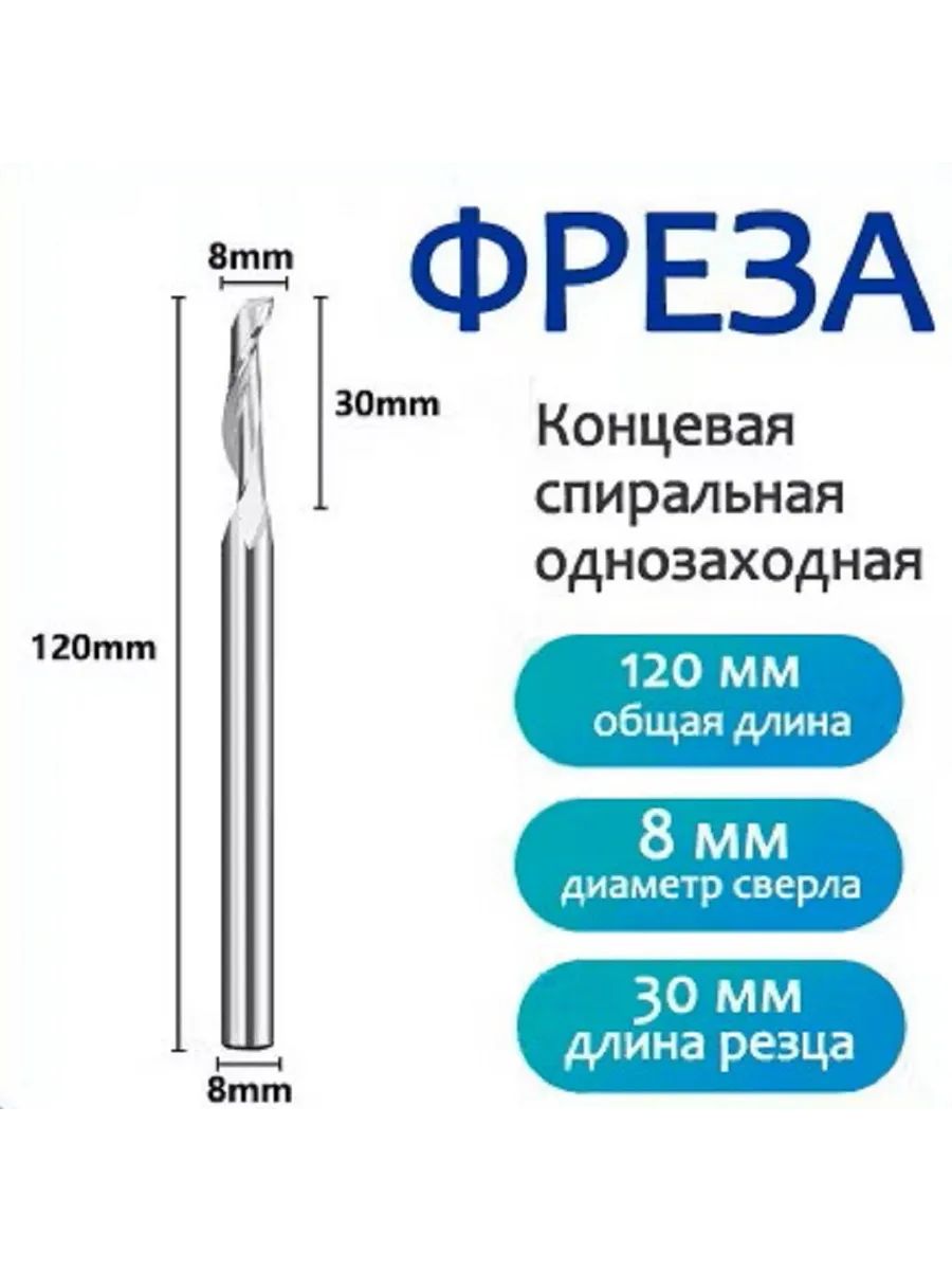 Фреза концевая спиральная однозаходная 8х8х30х120 мм