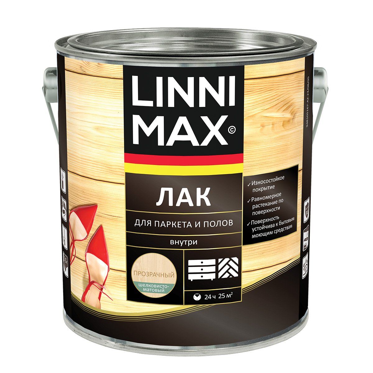 Лак для паркета и полов Linnimax, алкидно-полиуретановый, шелковисто-матовый, 2,5 л