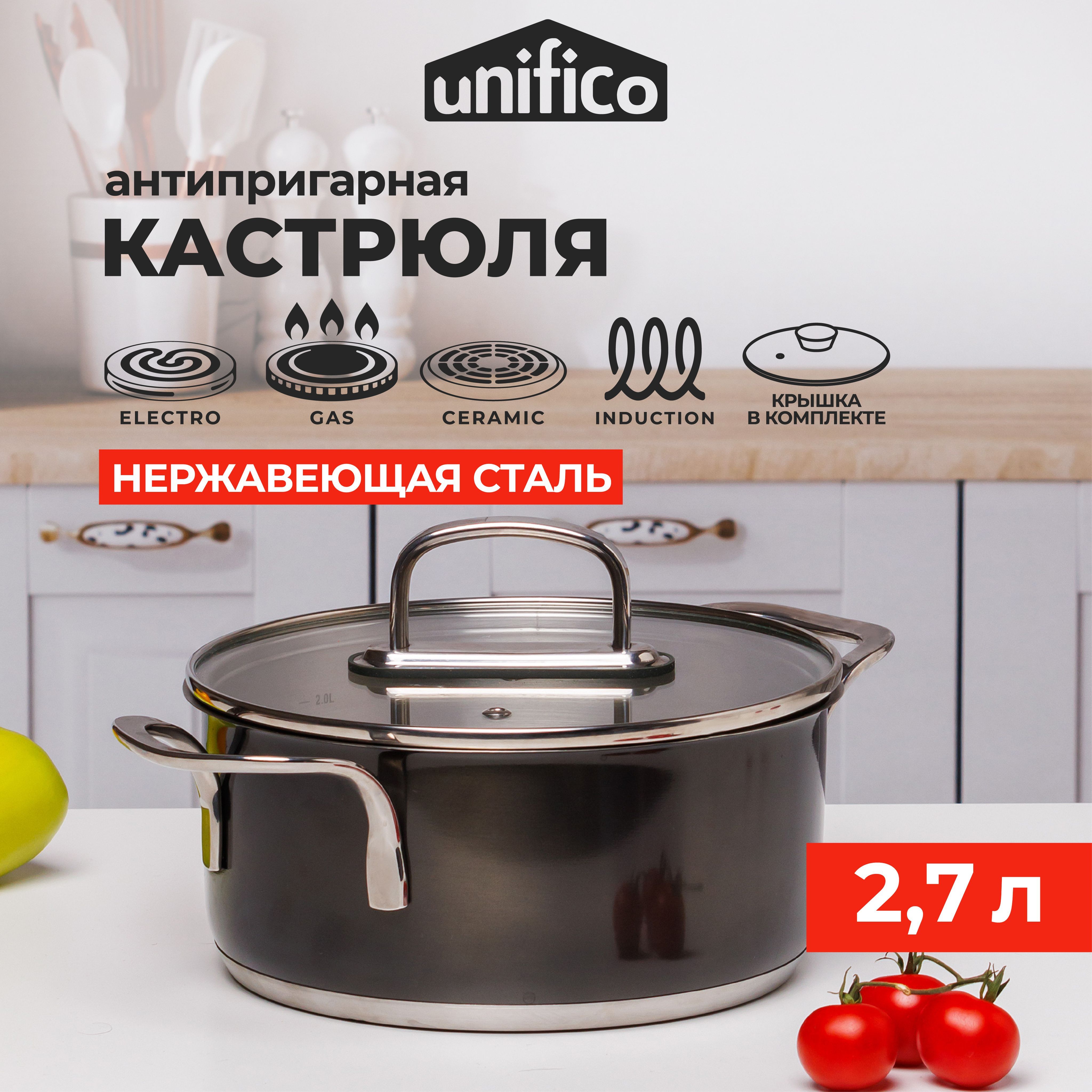 Кастрюля с крышкой для индукционной плиты 2,7 л. UNIFICO Uberto из высококачественной стали