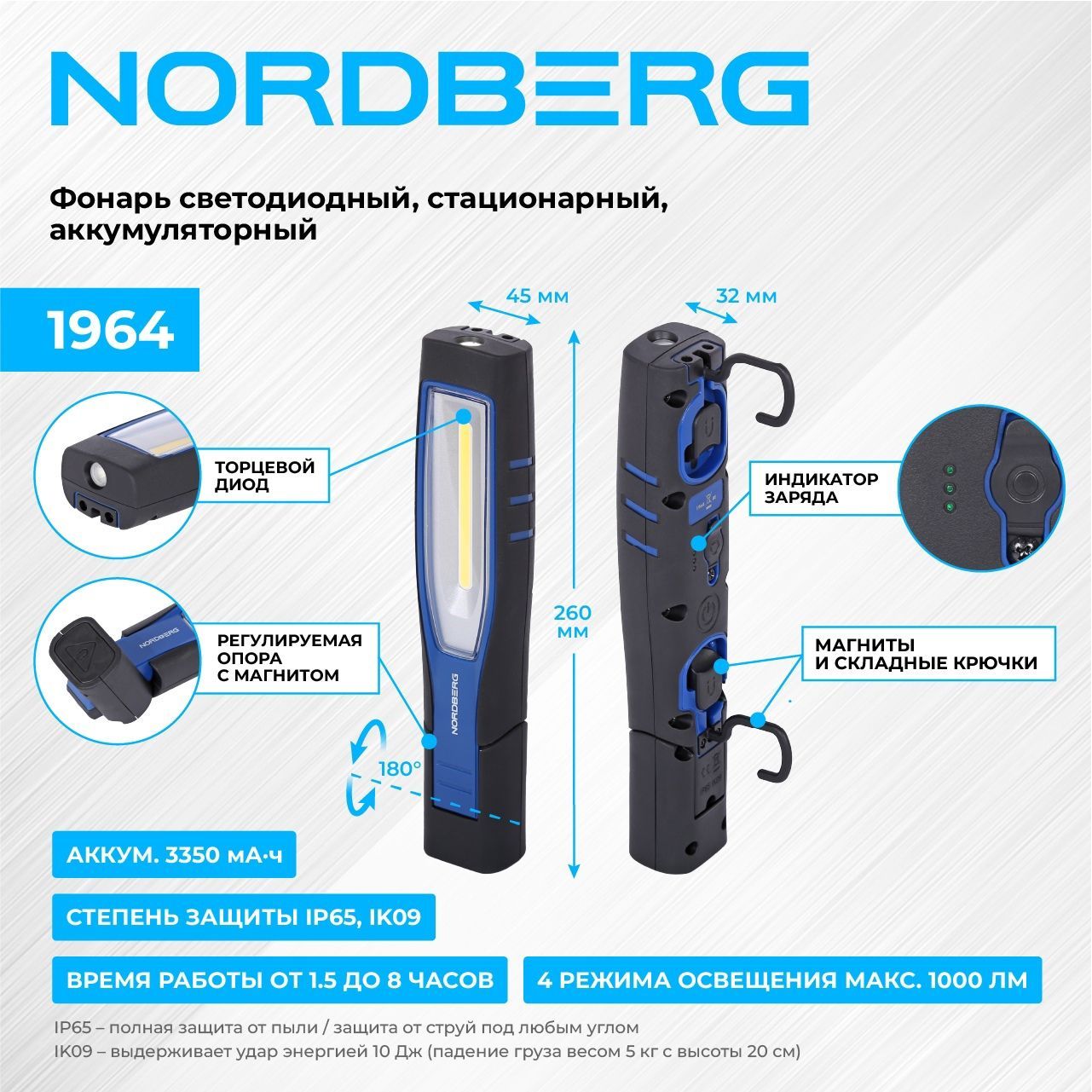 Фонарь светодиодный, аккумуляторный NORDBERG 1964