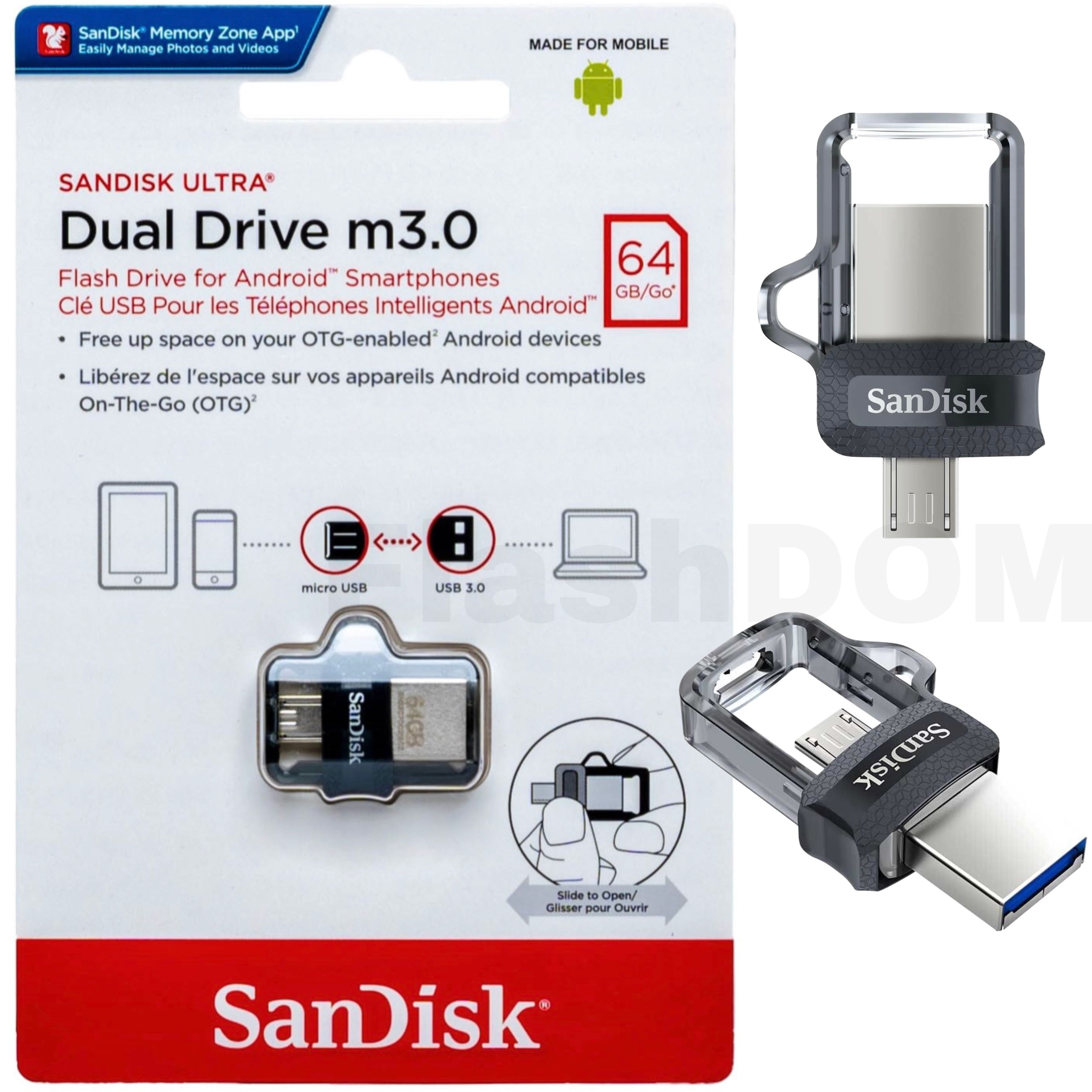 Флеш-накопительSandisk64ГБUltraDualDrivem3.0USB3.0micro-USB