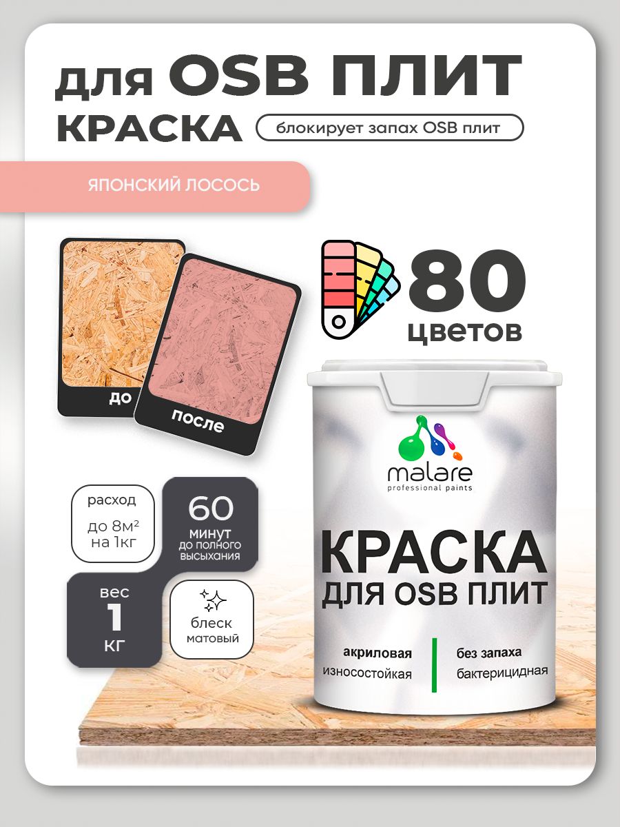 Акриловая краска для ОСБ плит Malare для дерева для наружных и внутренних работ, быстросохнущая без запаха матовая, японский лосось, 1 кг