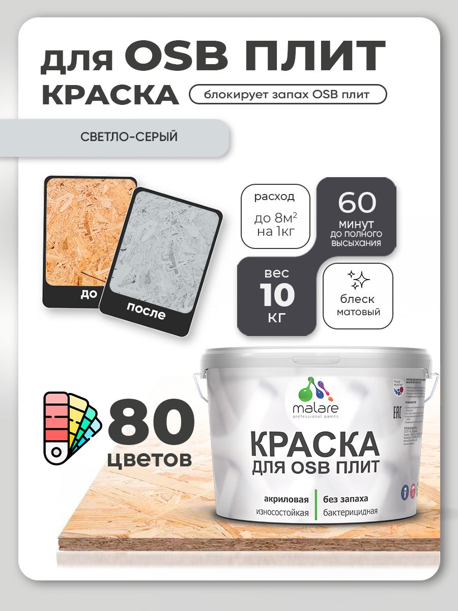 Акриловая краска для ОСБ плит Malare для дерева для наружных и внутренних работ, быстросохнущая без запаха матовая, светло-серый, 10 кг