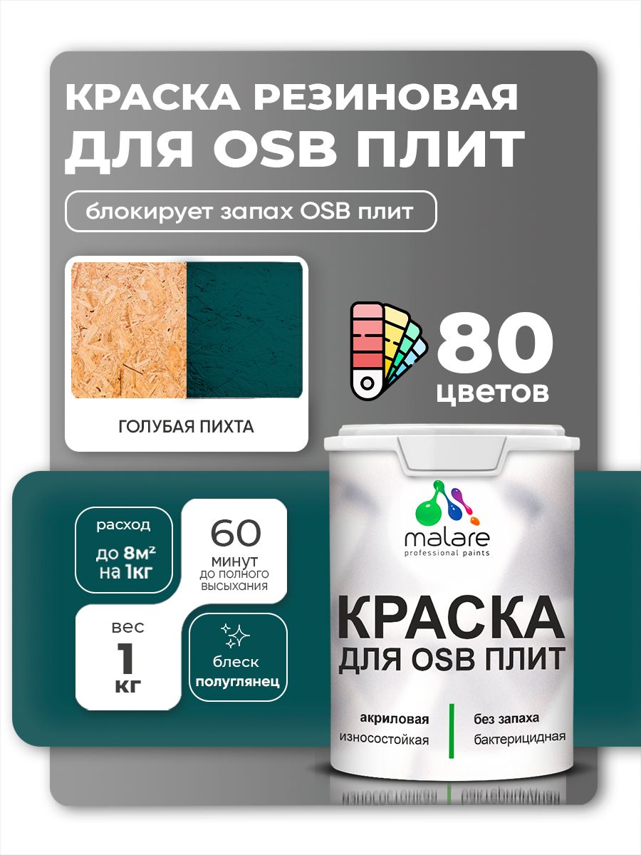 Резиновая краска для ОСБ плит Malare акриловая краска для дерева для наружных и внутренних работ, быстросохнущая без запаха полуглянцевая, голубая пихта, 1 кг