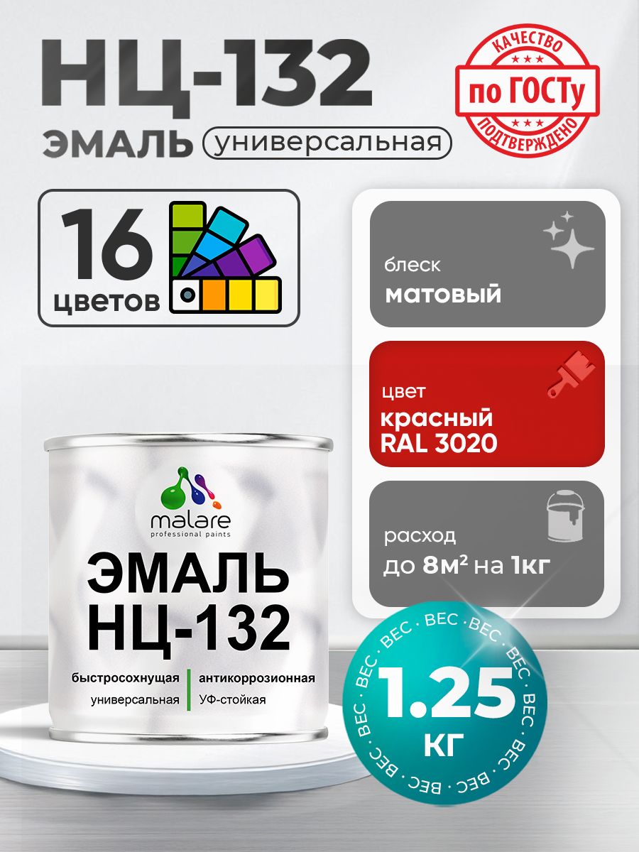 Эмаль Malare НЦ-132 краска для металла, минеральных поверхностей для внутренних и наружных работ антикоррозионная быстросохнущая RAL 3020, красный, матовая, 1,25 кг