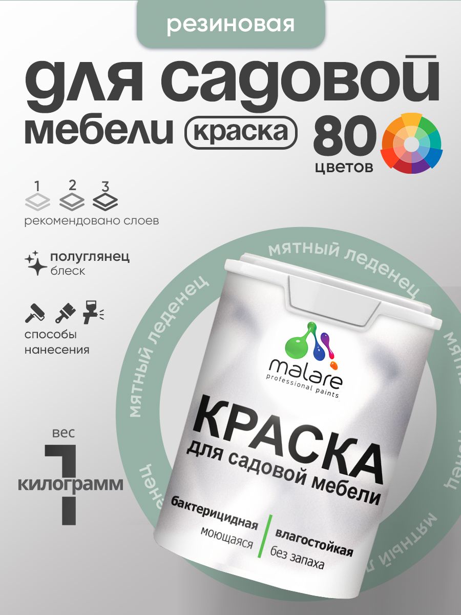 Резиновая краска Malare для садовой мебели/ по дереву, для наружных и внутренних работ/ быстросохнущая моющаяся без запаха полуглянцевая, мятный леденец, 1 кг