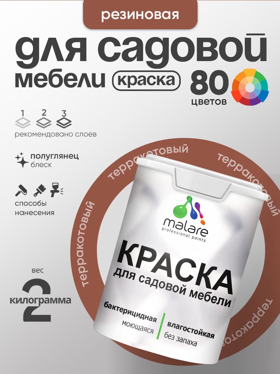 Резиновая краска Malare для садовой мебели/ по дереву, для наружных и внутренних работ/ быстросохнущая моющаяся без запаха полуглянцевая, терракотовый, 2 кг