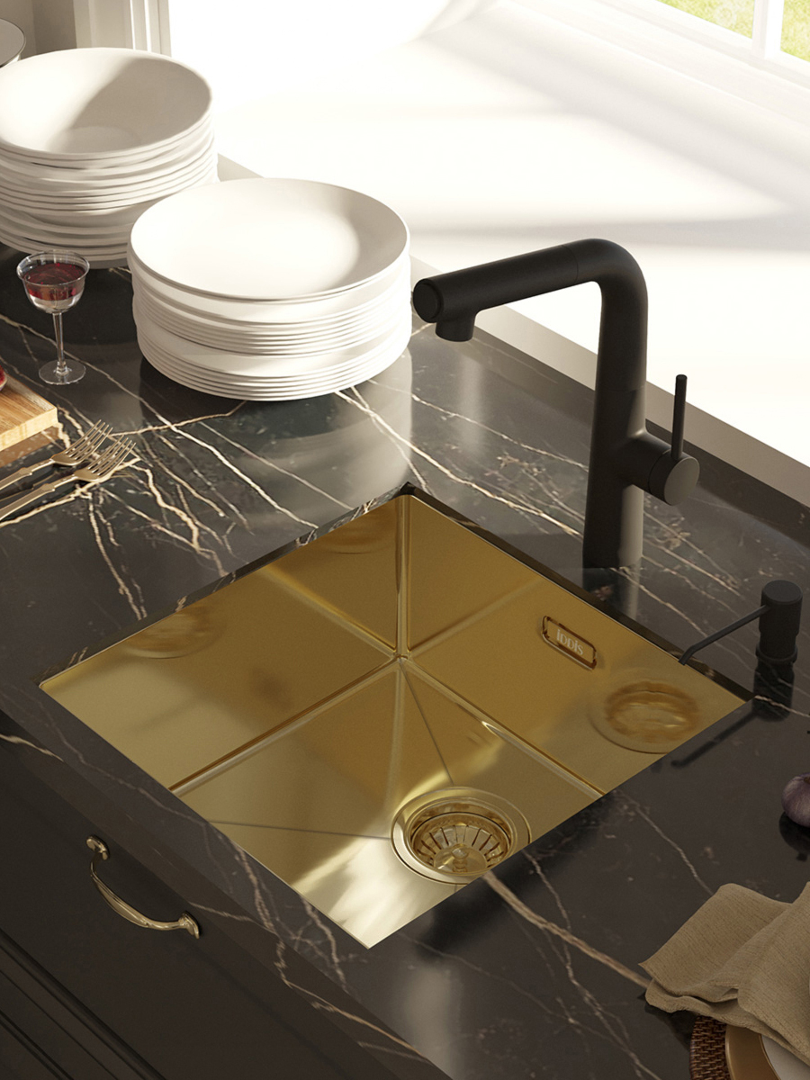 Фото товара на маркетплейсе ozon Мойка для кухни IDDIS, врезная или подстольная (универсальный монтаж), 44х44х20 см, нержавеющая сталь, без крыла, цвет матовое золото, Edifice, EDI44B0i77