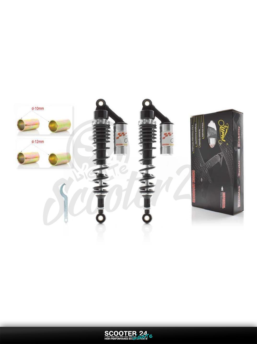 Амортизаторы задние на мопед и мотоцикл Delta 50-110 кубов / Альфа Дельта с двигателем 139FMA и 147FMH 345 мм газомаслянные, с подкачкой "LIPAI" (черно-серебряные)