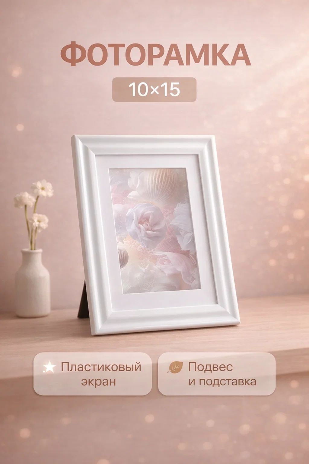 Фоторамка пластик, 10х15 см, рамка для фото белая / рамка для картин, постера, творчества / для интерьера