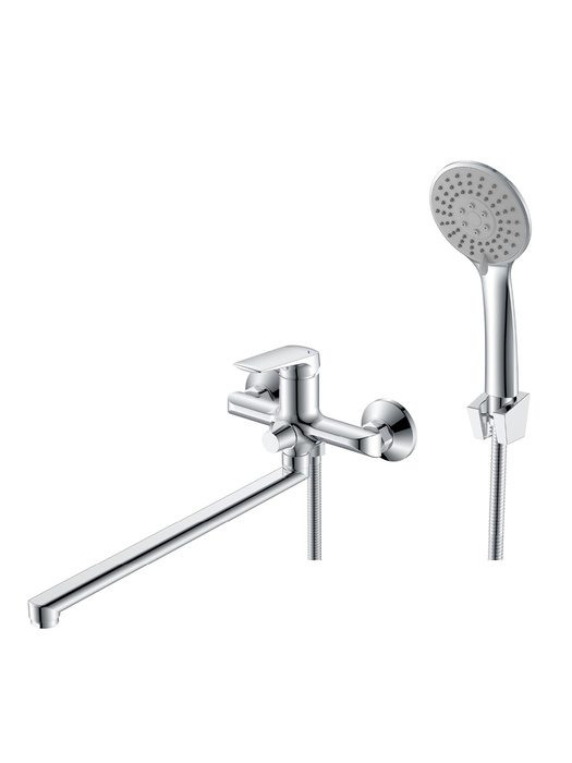 Фото товара на маркетплейсе ozon Смеситель для ванны с длинным изливом, лейка 3 режима, шланг 1,5 м, хром глянцевый, Milardo, Maks, MAKSB00M10