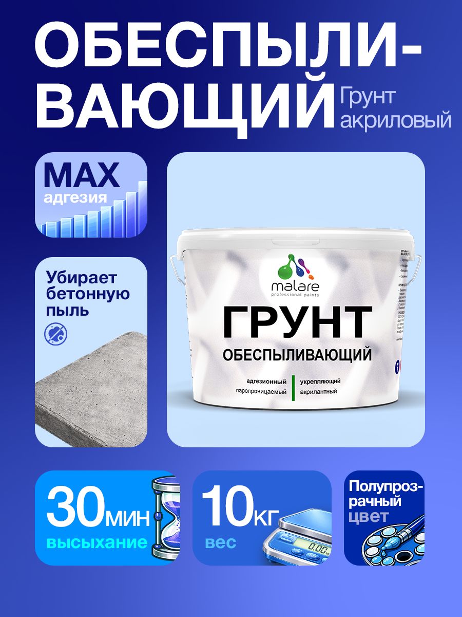 Грунт обеспыливающий Malare акриловый адгезионный универсальная, без запаха быстросохнущий, полупрозрачный, 10 кг.