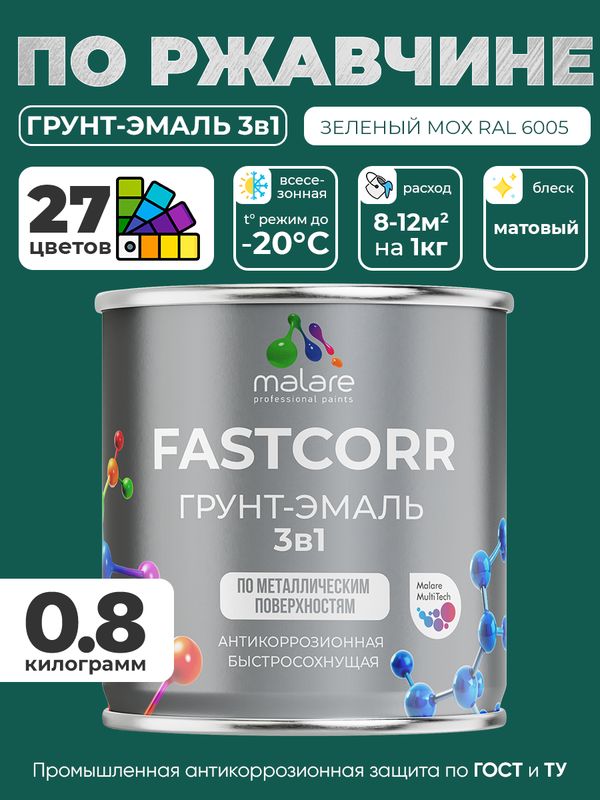 Грунт-эмаль по ржавчине 3 в 1 Malare FastCorr краска для металла, антикоррозионная износостойкая быстросохнущая RAL 6005, зелёный мох, матовая, 0,8 кг.